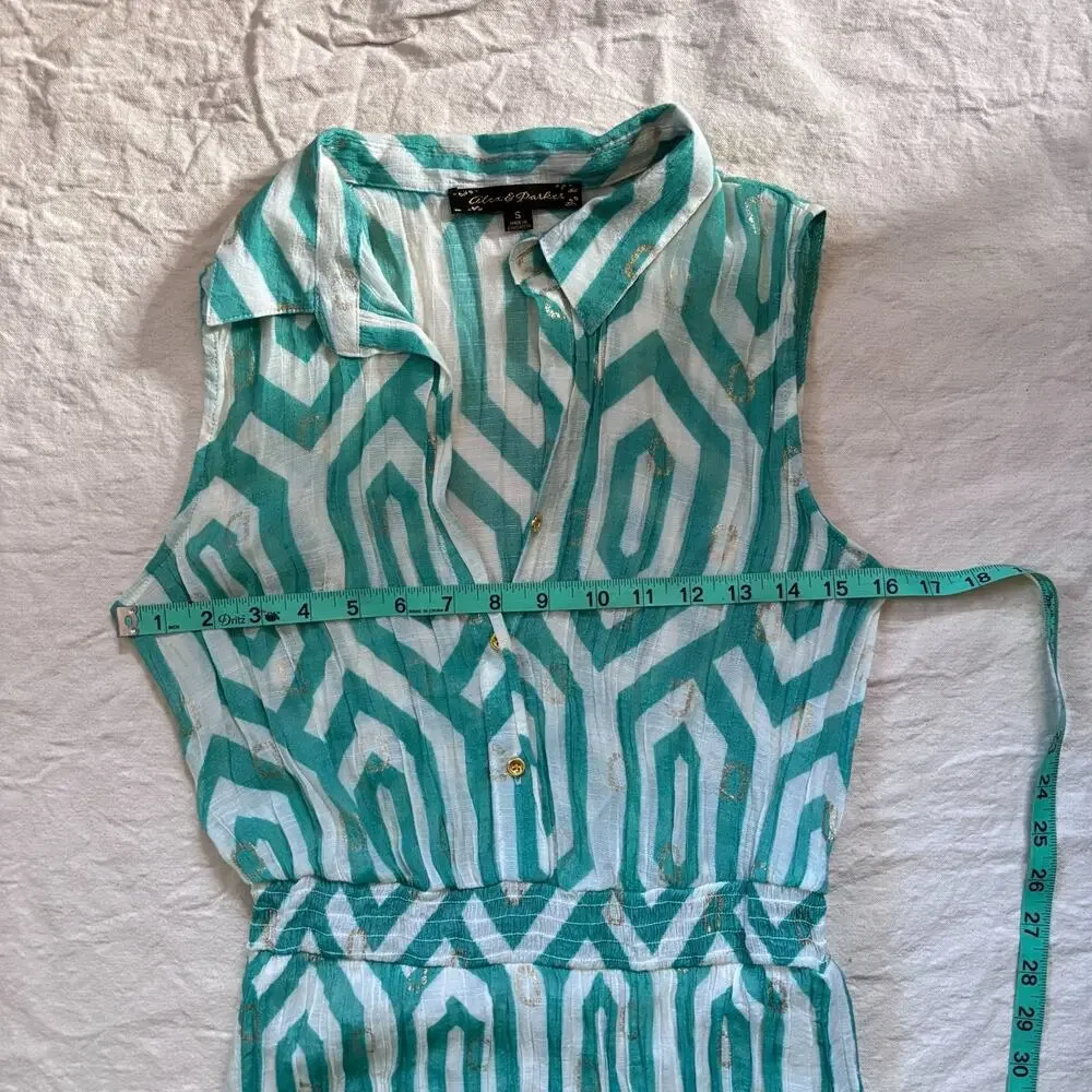 Alex & Parker Geometric Print Tiered Lightwear Resortwear Midi Dress Teal Gold S